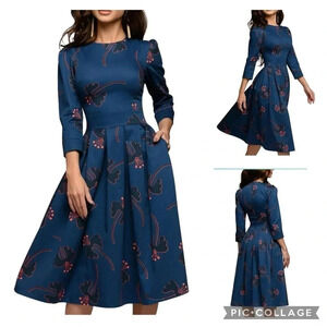 NWOT Simple Flavor Floral Vintage Midi 3/4 Sleeve Swing Dress with pockets M